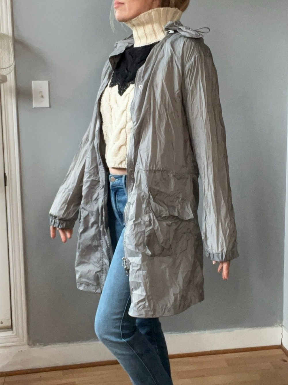 United Colors Of Benetton Light Gray Hooded portable rain anorak